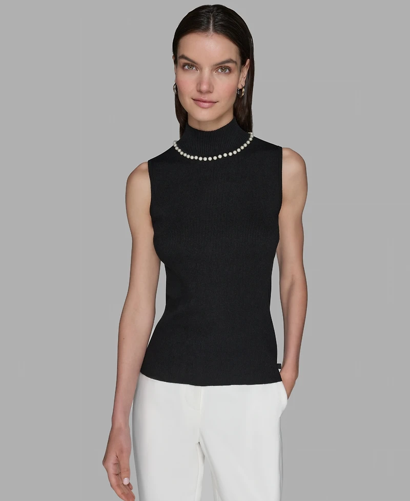 Karl Lagerfeld Paris Women's Bead-Embellished Sleeveless Mock-Neck Top