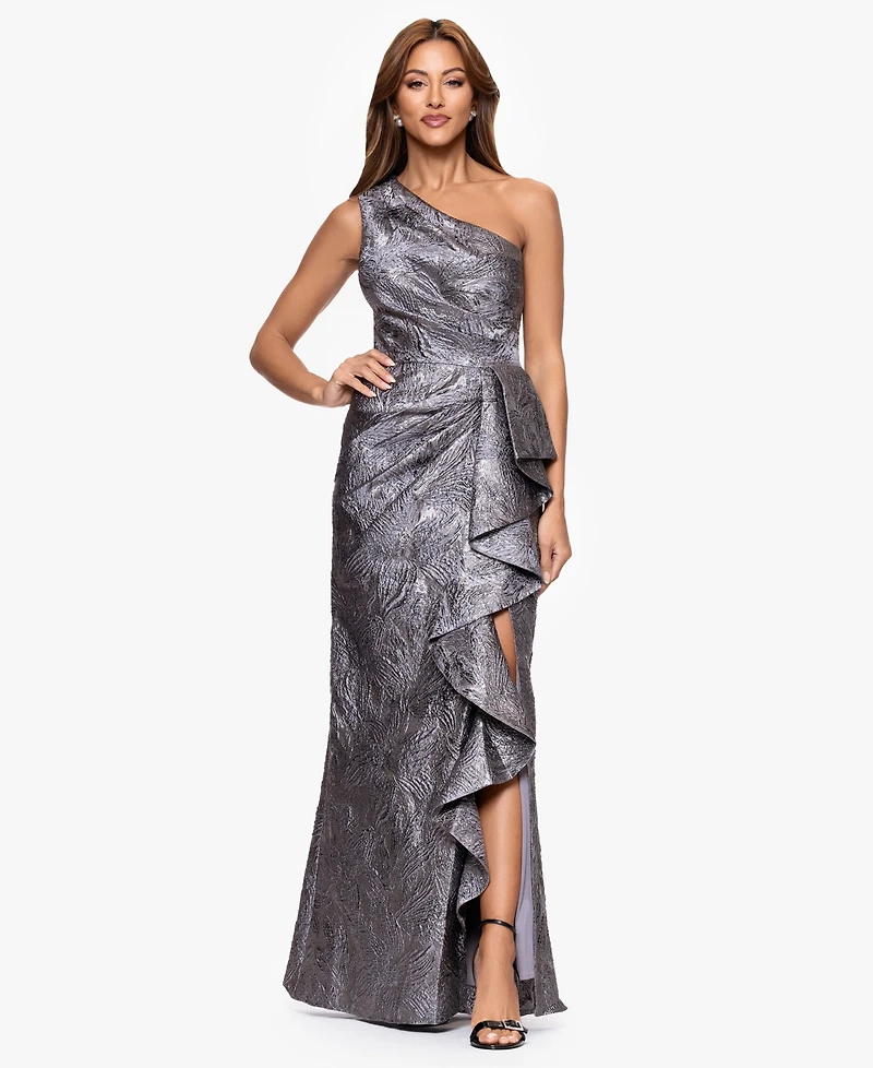 Xscape Women's Jacquard One Shoulder Ruffled Dress