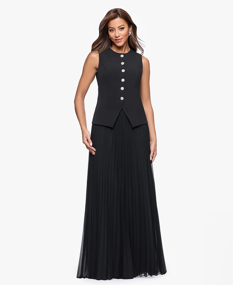 Xscape Women's Vest Style Pleated Scuba Long Dress