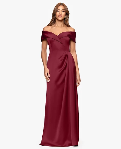 Xscape Women's Off-The-Shoulder Short Sleeve Satin Long Dress