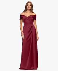 Xscape Women's Off-The-Shoulder Short Sleeve Satin Long Dress
