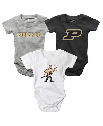 Wes & Willy Baby Boys and Girls 3-Pack Charcoal/White/Heather Gray Purdue Boilermakers Bodysuit Set