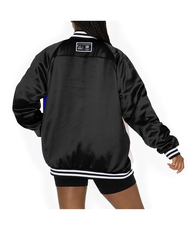Gameday Couture Women's Black/Royal New York Giants Oversized Hot Shot Rhinestone Throwback Full-Snap Varsity Bomber Jacket