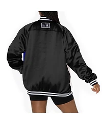 Gameday Couture Women's Black/Royal New York Giants Oversized Hot Shot Rhinestone Throwback Full-Snap Varsity Bomber Jacket