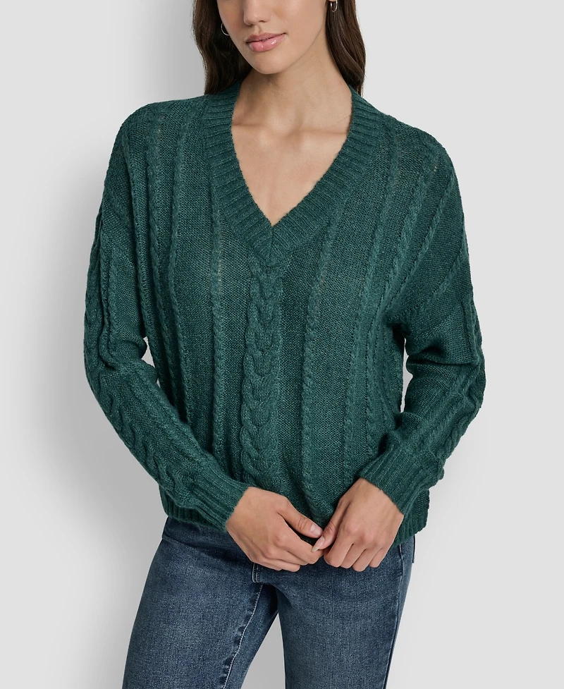 Dkny Jeans Women's V-Neck Cable-Knit Sweater