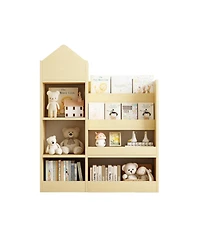 Jujabu Light Brown Wood Kids Bookshelf Toy Storage Organizer with Bookcase for Books, Toys