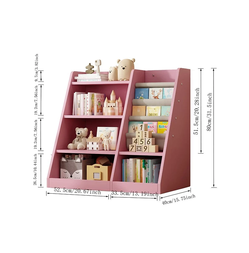 Jujabu Pink Wood Kids Bookshelf Toy Storage Organizer with Sling Book Rack Shelf for Playroom