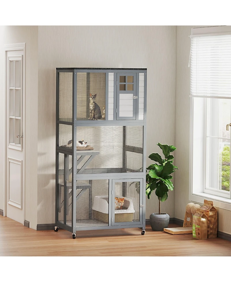 PawHut 74" Wooden Outdoor Cat House Catio Outdoor Cat Enclosure, Dark