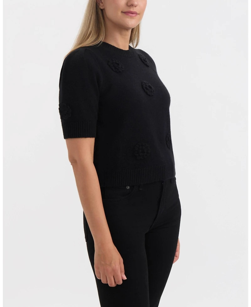 Ellen Tracy Women's Short Sleeve Sweater with Crochet Flowers