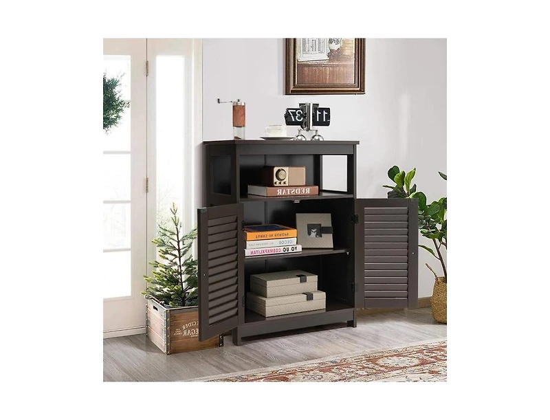 Slickblue Farmhouse Bathroom Linen Cabinet with Louvered Doors and Open Storage Shelf