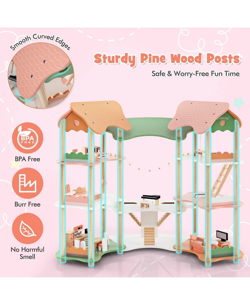 Akiudex 3-Story Wooden Dollhouse with Furniture and Corner Design for Kids Ages 3+
