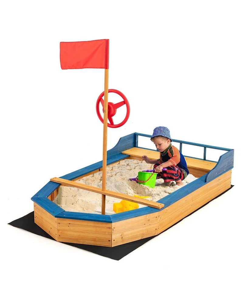 Akiudex Wooden Pirate Ship Sandbox with Bench and Liner for Kids Outdoor Play