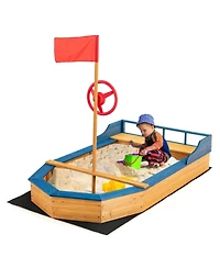 Akiudex Wooden Pirate Ship Sandbox with Bench and Liner for Kids Outdoor Play