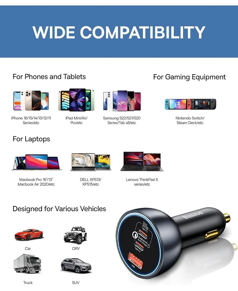 Baseus 160W Usb C Car Charger, Baseus Type C Car Charger, QC5.0 PD3.0 Pps 3 Ports Super Fast Charging Car Phone Charger Adapter