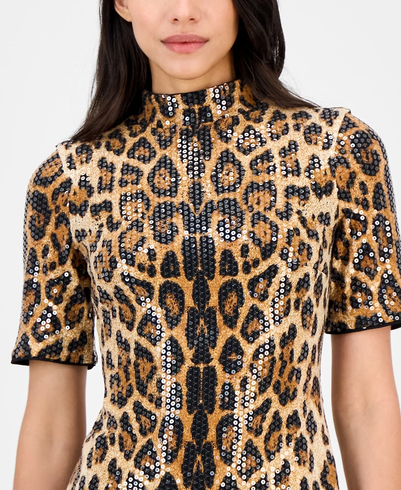 Anne Klein Women's Sequined Animal-Print Short-Sleeve Bodycon Dress