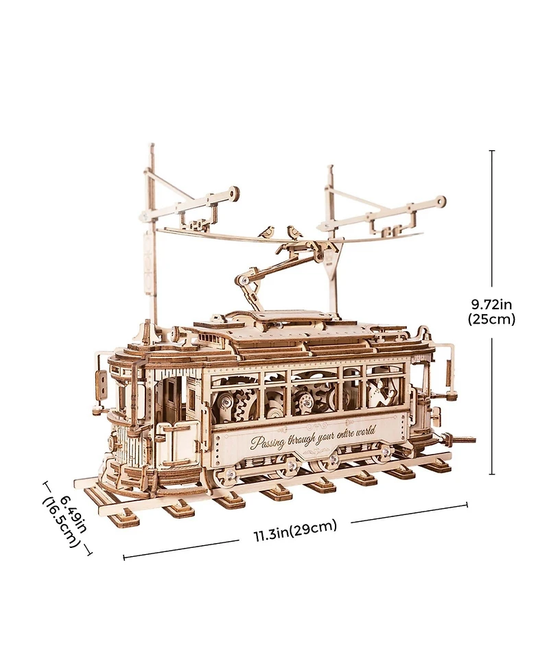 Robotime 3D Puzzle Classic City Tram Car Mechanical Gear Model Kit, Beige, 11.3"6.49"9.72"