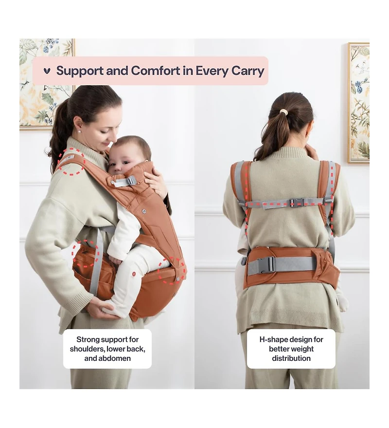 BabbleRoo Kids Carrier 6 in 1 Carrier with Hip Seat, Comfy & Adjustable Kangaroo Rose