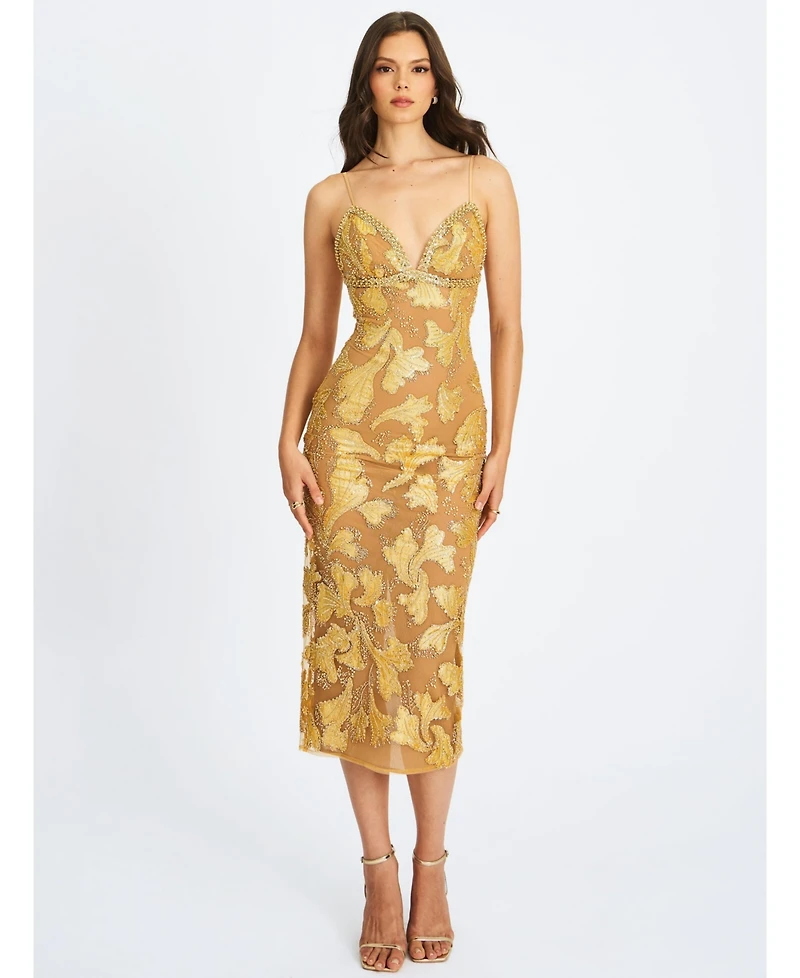 Miss Circle Women's Edie Gold Beaded Sequin Midi Pencil Dress