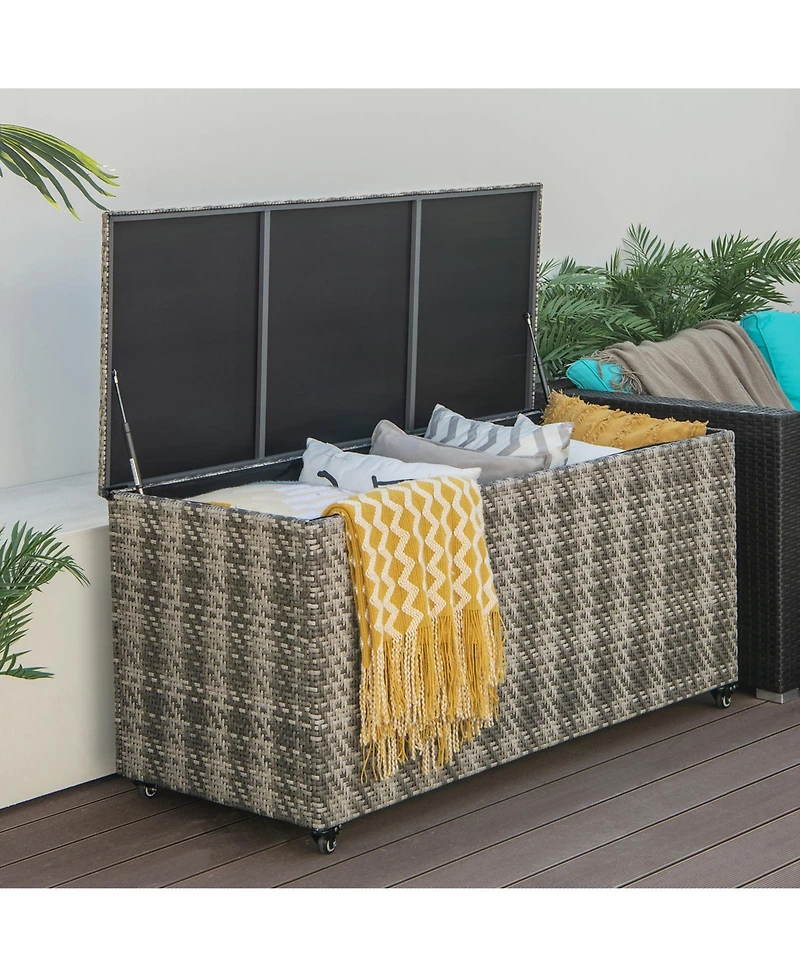 Akiudex 96 Gallon Pe Wicker Outdoor Storage Box with 4 Wheels - Gray