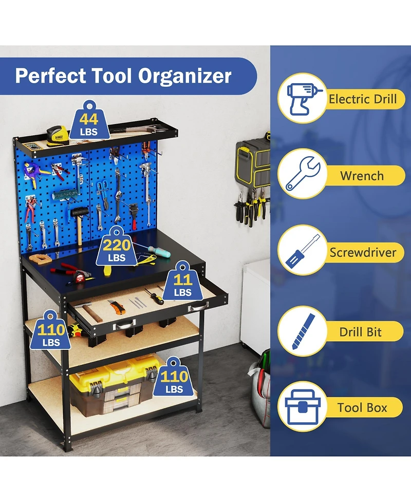 Akiudex 32 x 16 inch workbench work table with 2 pcs pegboard drawer and shelves