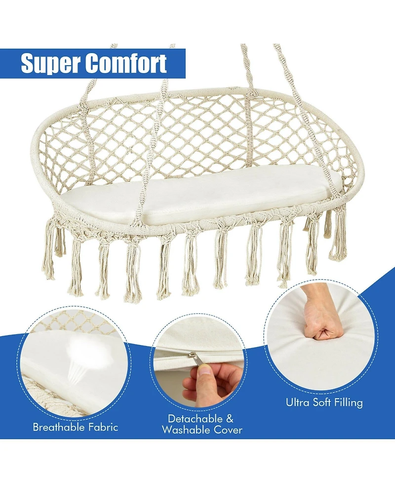 Akiudex 2-Person Hanging Hammock Chair with Cushion Macrame Swing