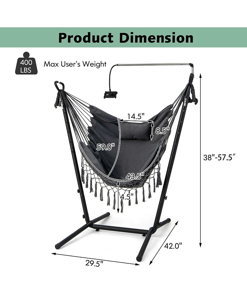 Height Adjustable Hammock Chair with Phone Holder and Side Pocket