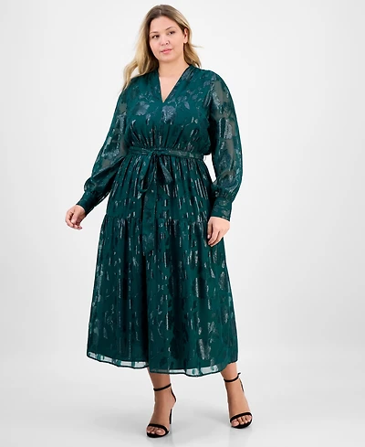 Anne Klein Plus Floral Jacquard Blouson-Sleeve Midi Dress