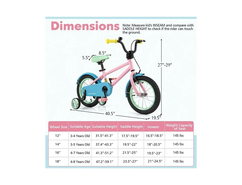Kids Bike with Adjustable Handlebar and Saddle - Pink