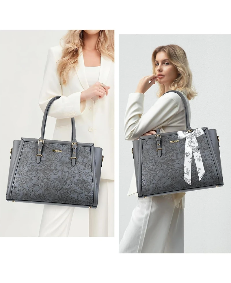 Mosiso Gray 17-17.3 Inch Pu Leather Laptop Tote Bag for Women - Compatible with MacBook, Hp, Dell, Asus - Retro Hibiscus Embossed Computer Bag