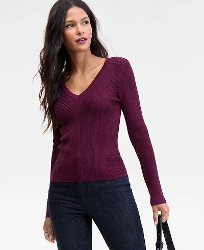 I.n.c. International Concepts Women's Metallic-Knit V-Neck Sweater, Macy's Exclusive