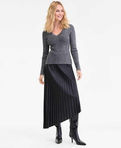 I.n.c. International Concepts Women's Metallic-Knit V-Neck Sweater, Macy's Exclusive
