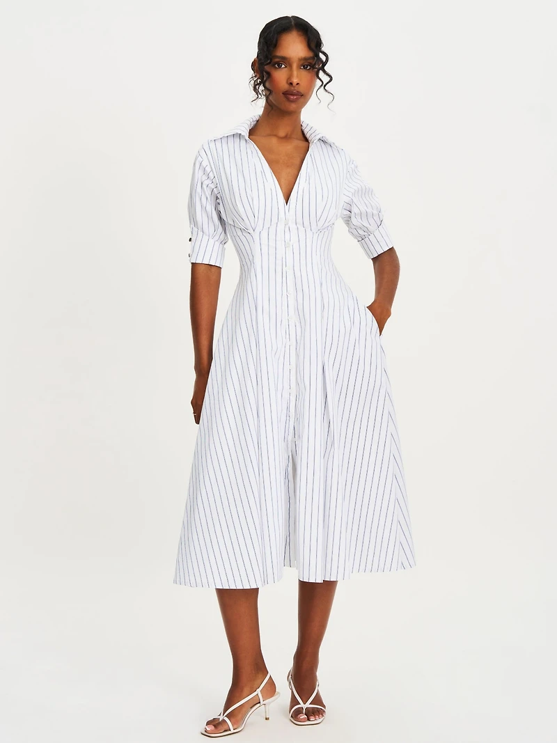 Miss Circle Women's Palina Pinstripes Cotton Poplin Pleated Midi Preppy Shirt Dress