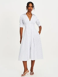 Miss Circle Women's Palina Pinstripes Cotton Poplin Pleated Midi Preppy Shirt Dress