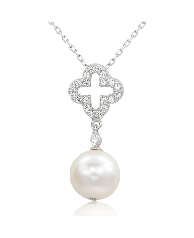 Suzy Levian Sterling Silver Clover White Sapphire and Cultured Pearl Pendant