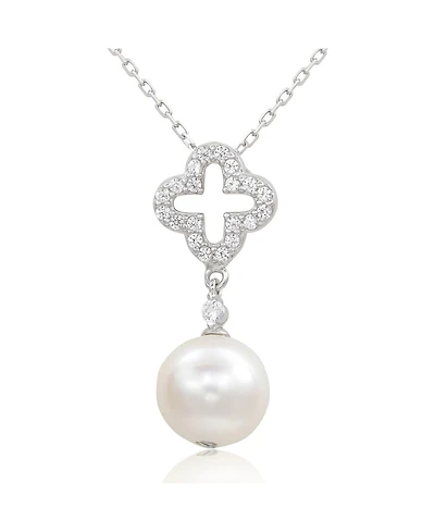 Suzy Levian Sterling Silver Clover White Sapphire and Cultured Pearl Pendant