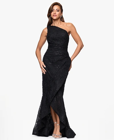 Xscape Petite Sequin Embroidery One-Shoulder High-Low Gown