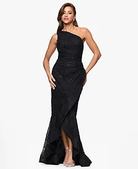 Xscape Petite Sequin Embroidery One-Shoulder High-Low Gown