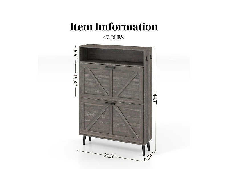 Casainc Storage Cabinet with Barn Door and 2 Flip Drawers, Freestanding Narrow Shoe Rack Hooks