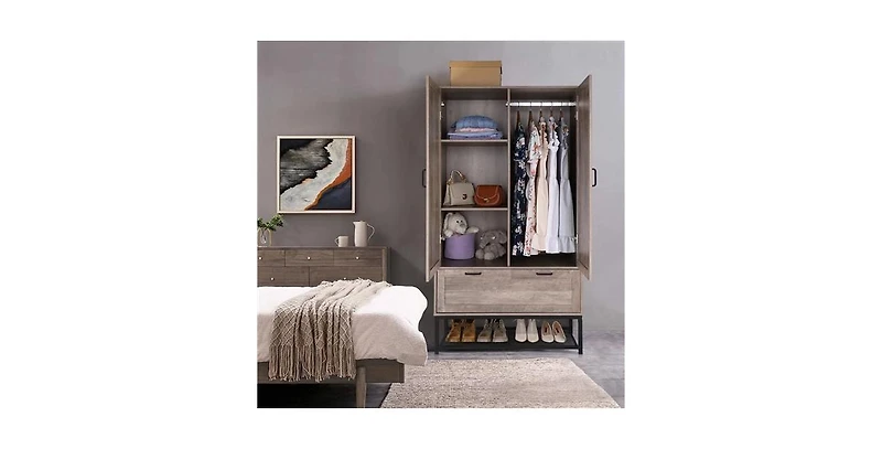 Slickblue Modern 2-Door Wardrobe Cabinet with Shoe Rack for Bedroom Storage and Organization