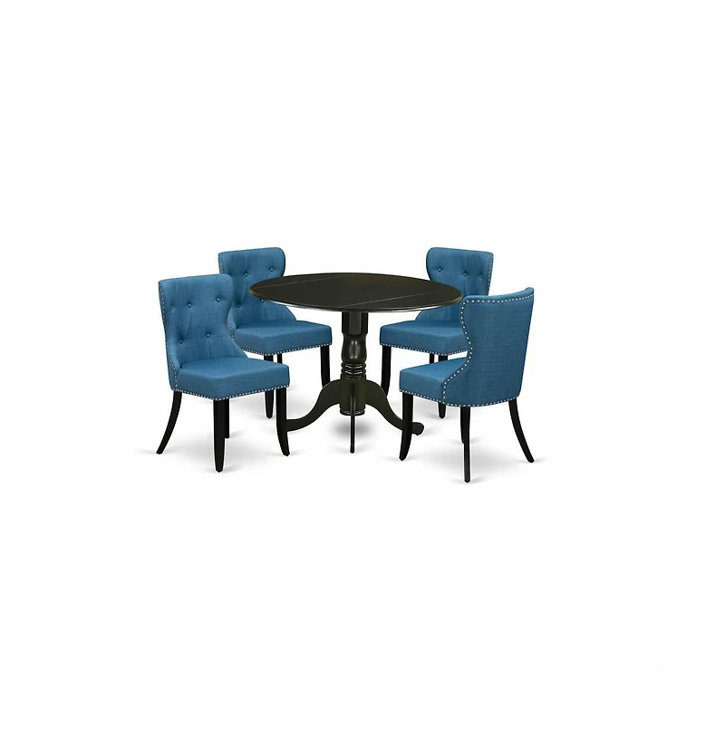 East West Furniture dining set of 4 wonderful kitchen chairs with Linen Fabric Mineral Blue color and a gorgeous two 9"" drop leaf round din