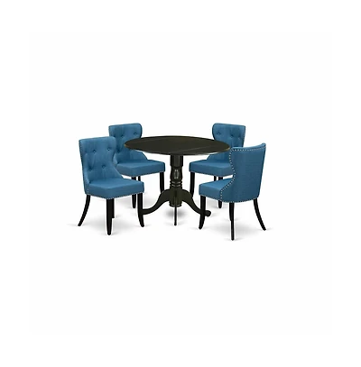East West Furniture dining set of 4 wonderful kitchen chairs with Linen Fabric Mineral Blue color and a gorgeous two 9"" drop leaf round din