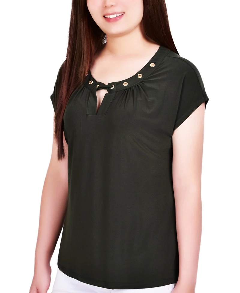 Ny Collection Petite Short Extended-Sleeve Grommet Neck Knit Top
