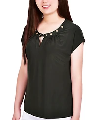 Ny Collection Petite Short Extended-Sleeve Grommet Neck Knit Top