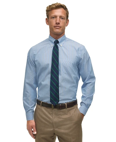 Men's Regular Fit Non-Iron Polo Button-Down Thin Stripe Broadcloth Dress Shirt