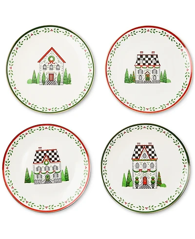 MacKenzie-Childs Holly Village Ceramic Dessert Plates, Set of 4