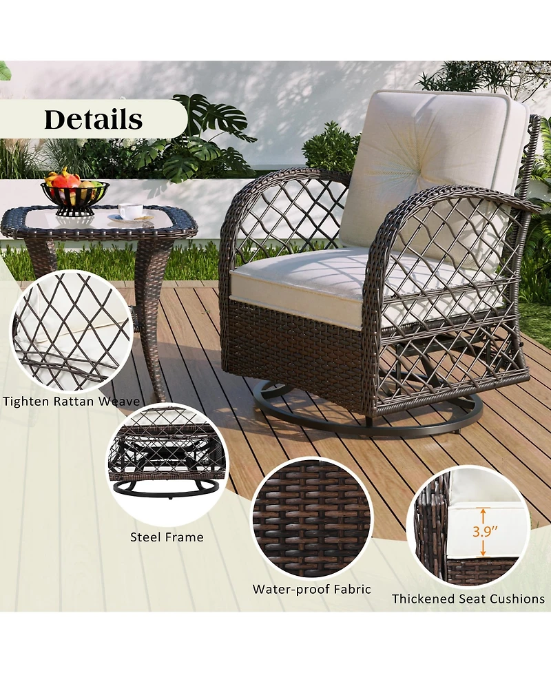 Flynama 3-piece Outdoor Chair&Table Set Chat Set 2-person Rattan Seating Group with Two Swiveling and Rocking Chairs and a Square Table for Garden, Pa