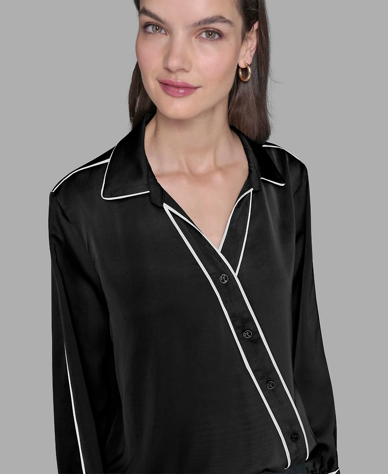 Karl Lagerfeld Paris Petite Long Sleeve Crossover Woven Blouse