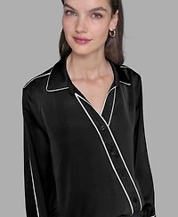 Karl Lagerfeld Paris Petite Long Sleeve Crossover Woven Blouse