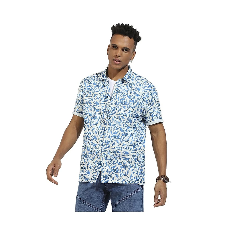 Campus Sutra Men's Blue Foliage Strokes Shirt