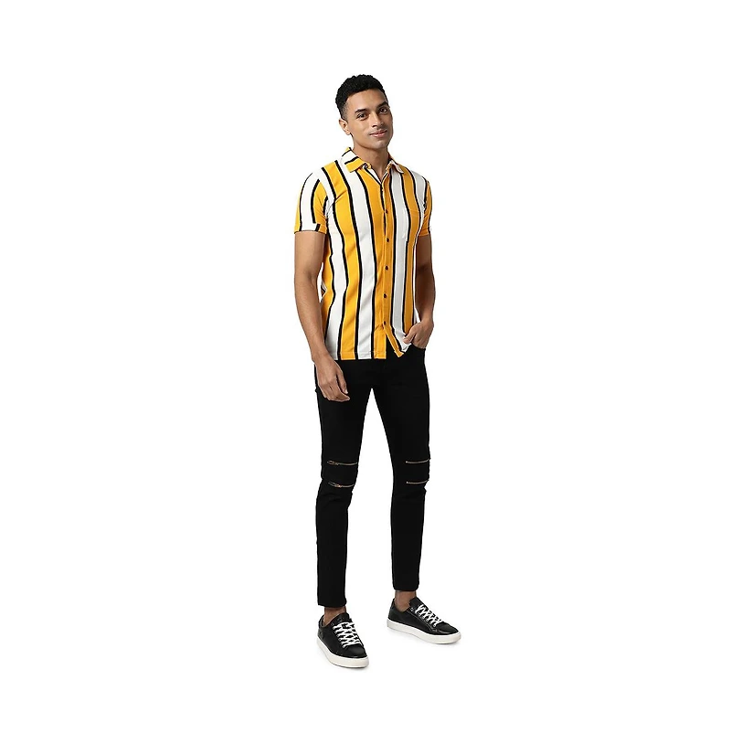 Campus Sutra Men's Yellow Striped Regular Fit Casual Shirt